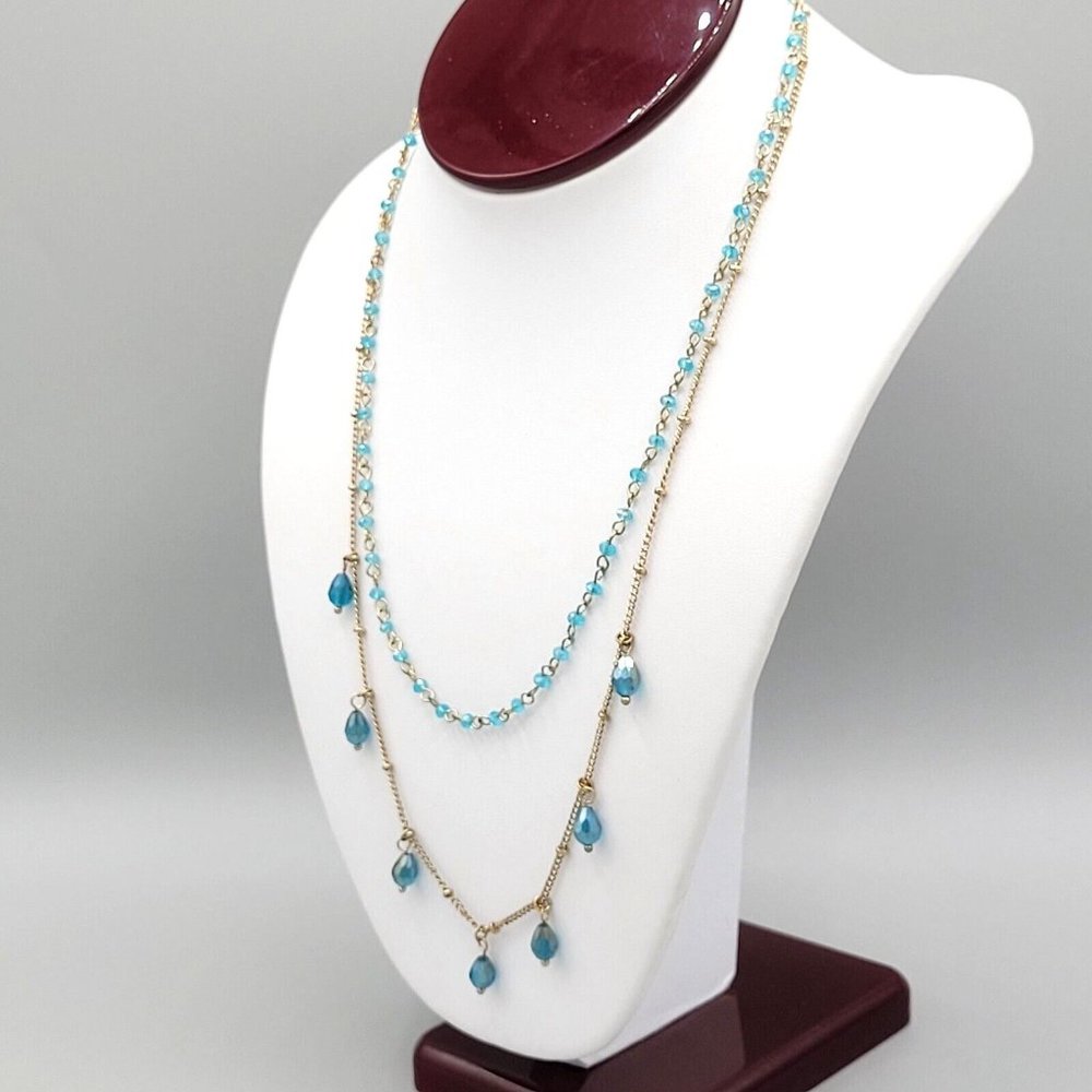 Womens Gold Tone Double Strand Layered Necklace Blue Charm Beads 17 in - Picture 3 of 8